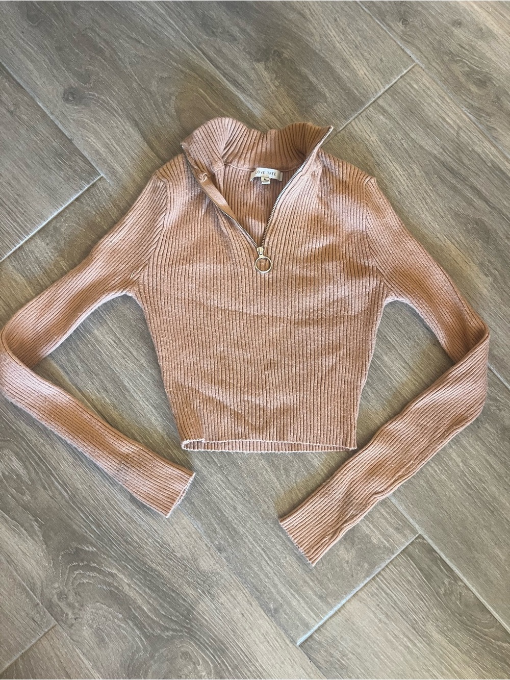 Love Tree Ribbed Half-Zip Cropped Sweater - Dusty Rose